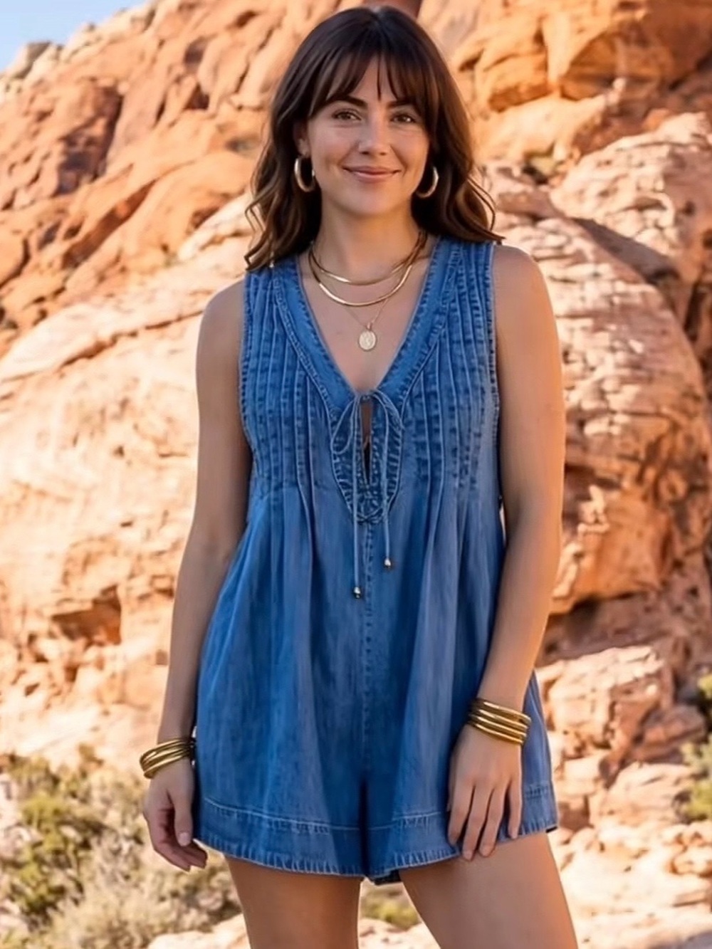 Sleeveless Blue Denim Romper with Tie Front